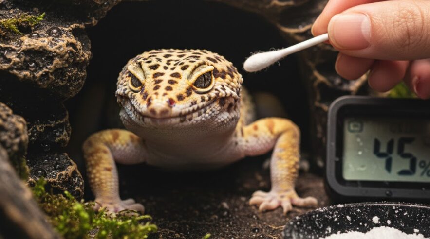 飼育ケースの中で、ウェットシェルターから顔を出すヒョウモントカゲモドキ。飼い主が綿棒で優しく目の周りをケアしている。横には湿度計とサプリメントの容器がある。