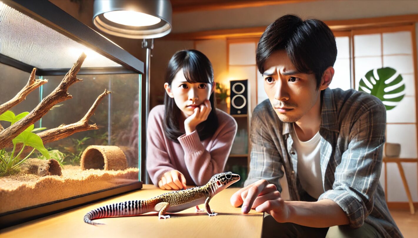 痩せたレオパ(ヒョウモントカゲモドキ)を心配そうに見つめる日本人飼い主の様子。室内には飼育用のテラリウムが設置され、レオパの健康を気遣うシーンが描かれている。