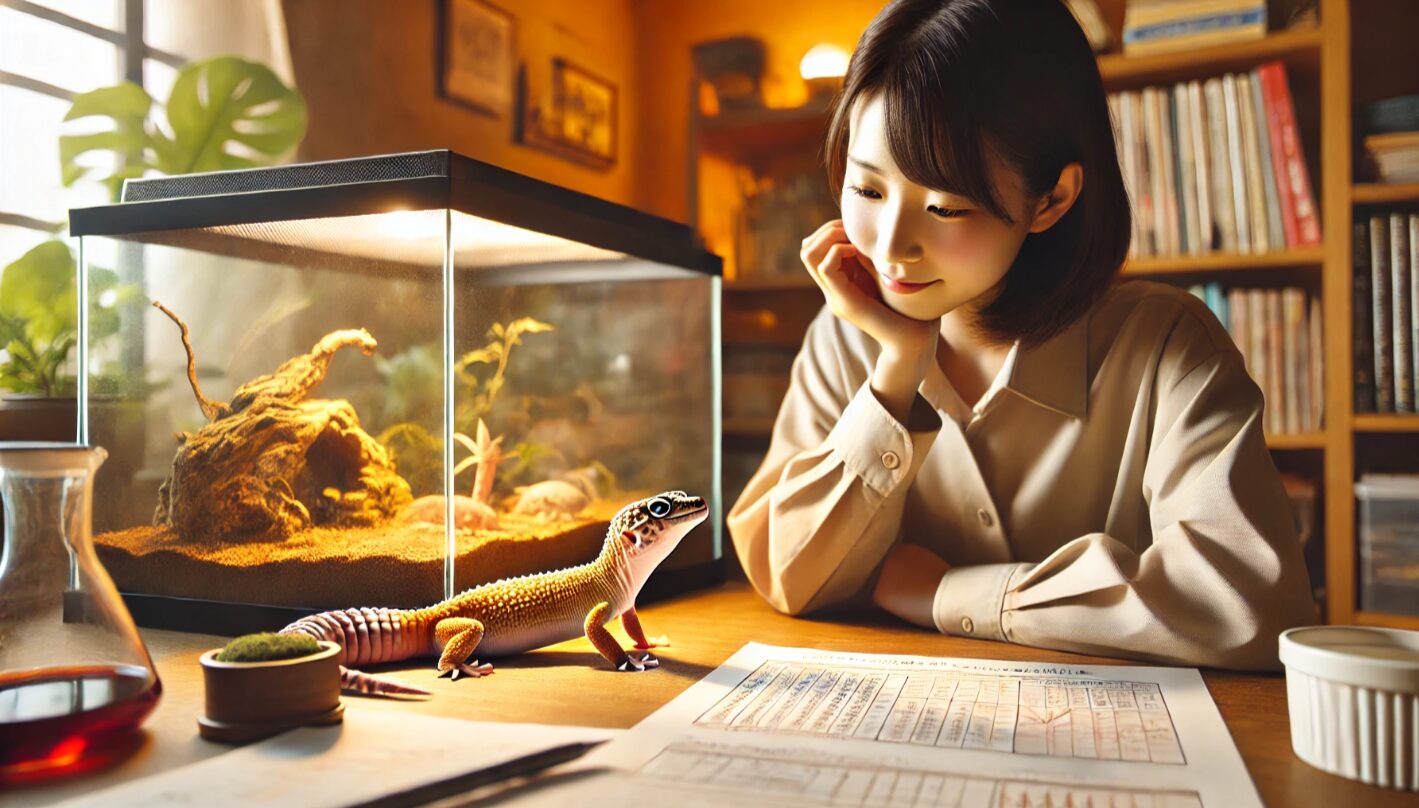 日本人のレオパブリーダーが温かい雰囲気の部屋でヒョウモントカゲモドキを観察しながら、繁殖計画を立てている様子。繁殖に対する責任と知識の重要性を示す。