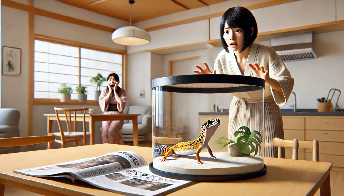 日本人女性が心配そうに空になったレオパードゲッコーのケージを見つめる現代的な日本のリビングルーム。テラリウムの蓋は開いており、脱走の緊迫感が伝わる。