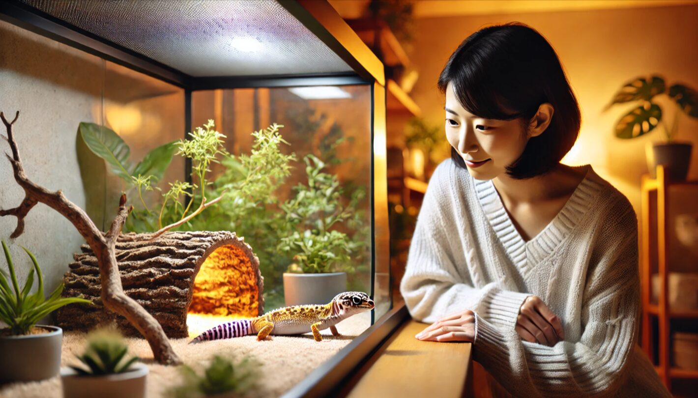 室内の自然風テラリウムで、落ち着いた様子のレオパードゲッコーと優しく接する日本人女性の様子。信頼関係と安心感が伝わる温かなシーン。