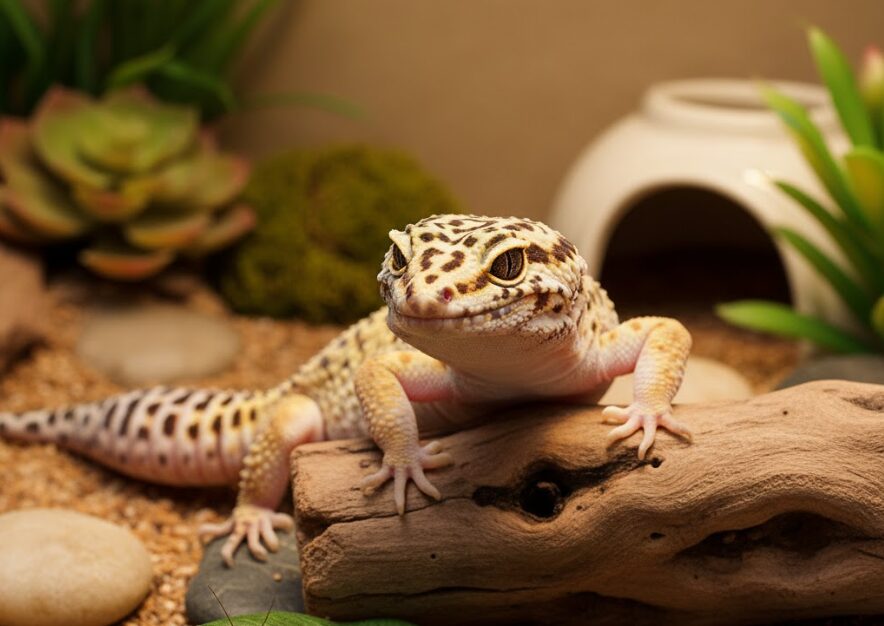 快適な飼育ケージの中で、流木の上に片目を閉じてリラックスしているヒョウモントカゲモドキ。背後には緑の植物と隠れ家が見える。