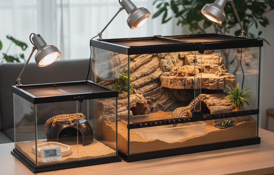 異なるサイズのレオパードゲッコー用ケージが並べられ、適切なレイアウトと照明が施されている様子
