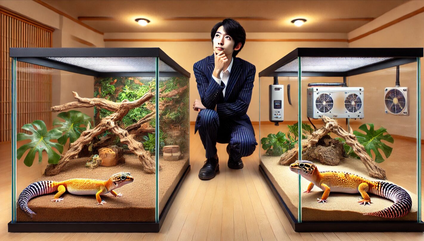 小さなケージと広いケージを見比べながら検討する日本人男性。どちらが適しているかを考えている様子で、爬虫類飼育におけるケージサイズの是非を視覚的に示す構図。