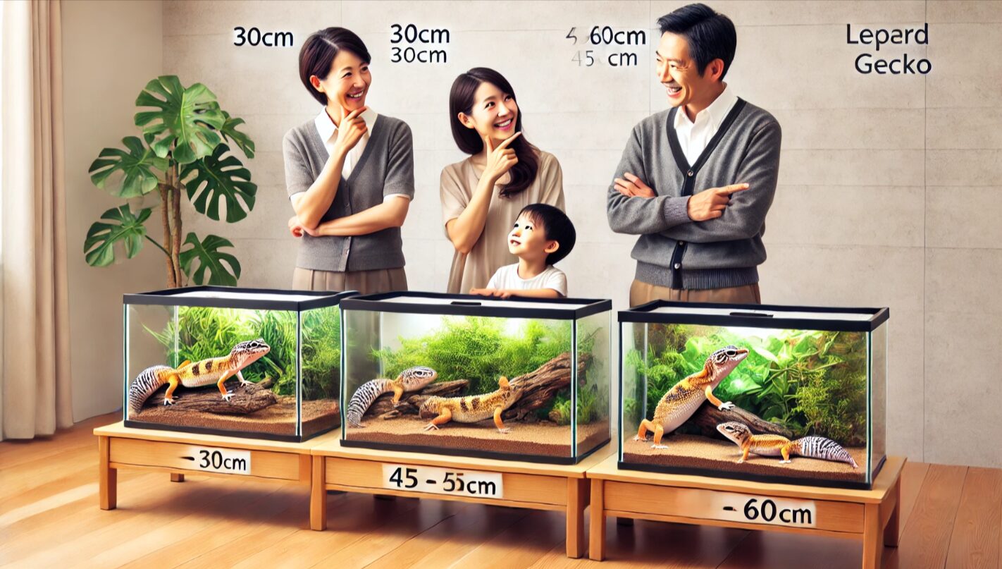 サイズの異なるレオパードゲッコーのケージ(30cm・45cm・60cm)を観察する日本人の家族。サイズ別の飼育環境の違いや特徴を視覚的に伝える構成。
