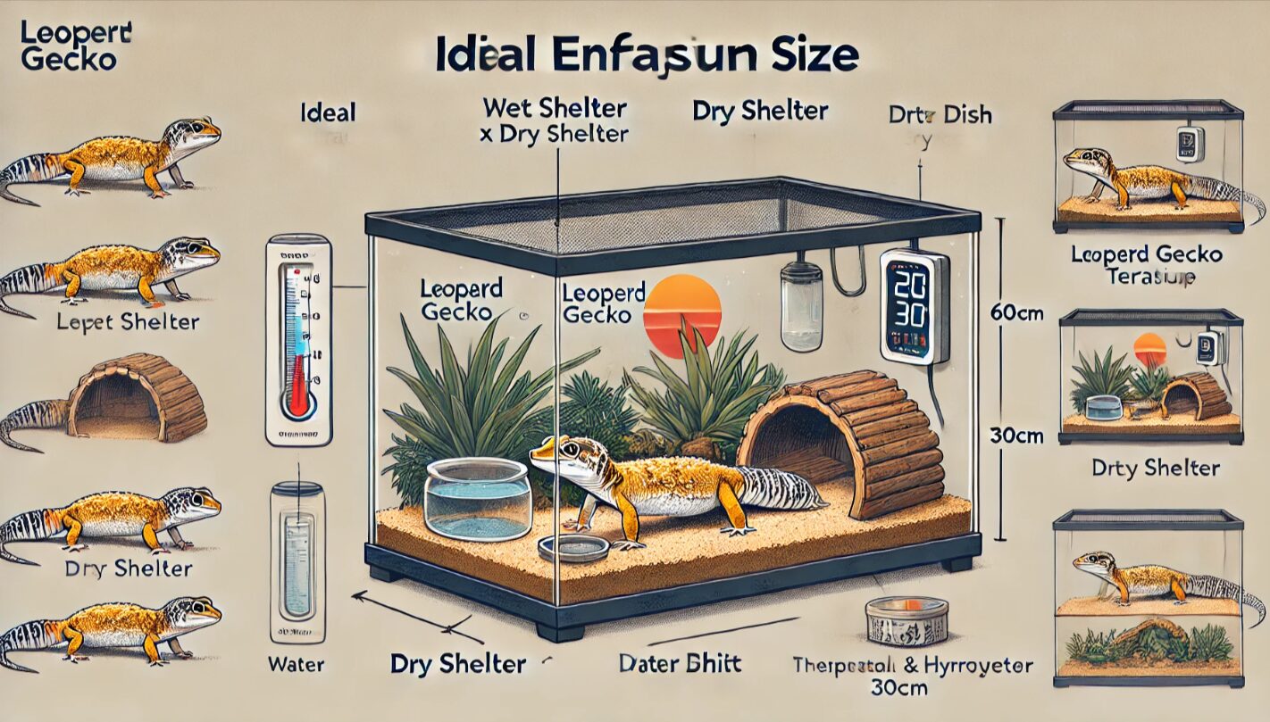 理想的な60cmサイズのレオパードゲッコー用ケージ。ウェットシェルター、ドライシェルター、人工芝、温湿度計を完備し、清潔で管理しやすい飼育環境が整っている。