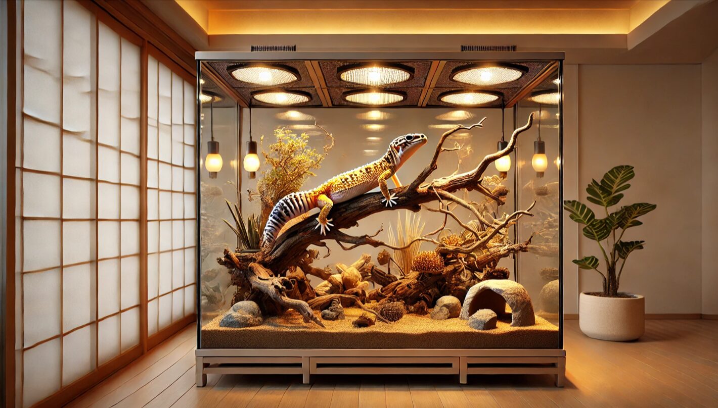 自然なレイアウトが施された大型のレオパードゲッコー用ガラスケージ。流木や岩を使い、活動範囲を広く確保した環境でレオパが登っている様子。