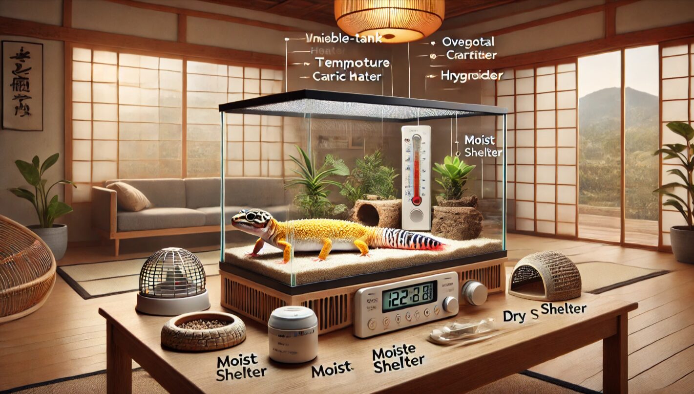 パネルヒーターと上部ヒーターを併用し、温湿度計、ウェットシェルター、ドライシェルターを完備したレオパ用ケージ。温湿度管理の工夫が視覚的に分かる構成。