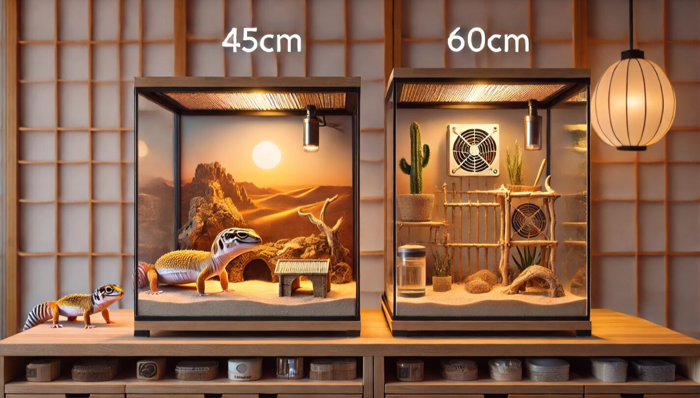 45cmと60cmの2つのレオパ用ガラスケージを横並びで配置。砂漠風レイアウトと適切な飼育設備により、サイズごとの特徴が視覚的に比較できる構成。