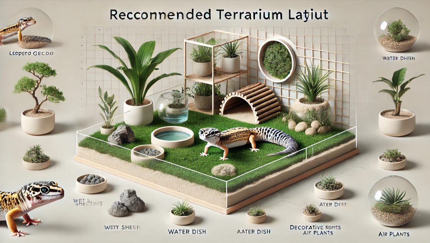 ウェットシェルターとドライシェルター、人工芝、水入れ、装飾用の岩とエアプランツを配置した、美しく機能的なレオパードゲッコー用ケージレイアウト。