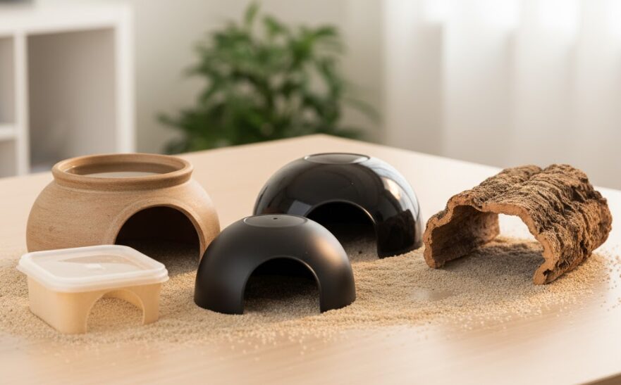 素焼き、陶器、コルク樹皮など、様々な素材と形のレオパ用シェルター