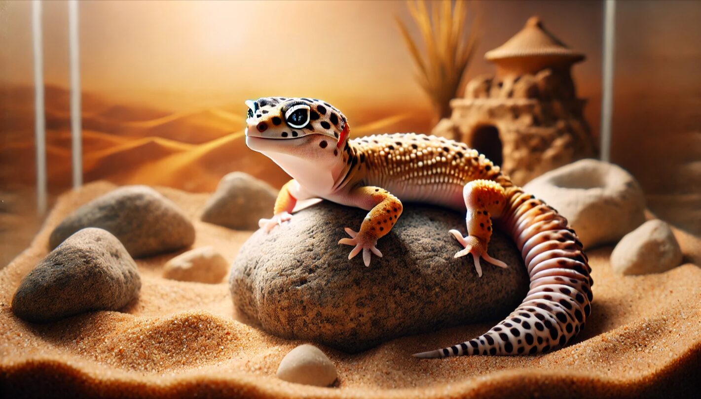 健康的な尻尾を持つレオパードゲッコーが、自然なレイアウトのテラリウム内で岩の上に休んでいる様子。砂地や岩場など、乾燥地帯の生息環境を再現した背景もあり、尻尾の太さが一目で分かる構図。