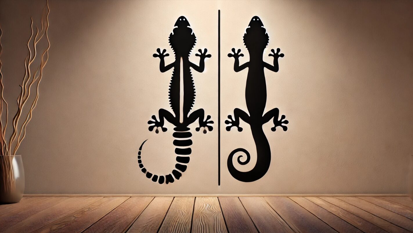 左側に太く健康的な尻尾を持つレオパのシルエット、右側に細く痩せた尻尾を持つレオパのシルエットを並べた比較図。レオパの健康状態を尻尾の太さで視覚的に示した構成。