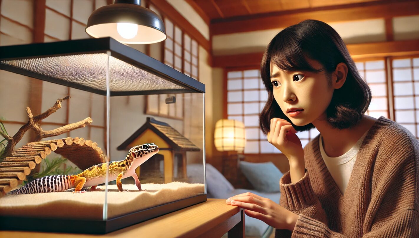 日本人の女性が室内でレオパードゲッコーのテラリウムを見つめながら心配そうな表情を浮かべている様子。テラリウム内には尻尾の細いレオパが確認でき、飼育者が健康状態を気にしている状況。