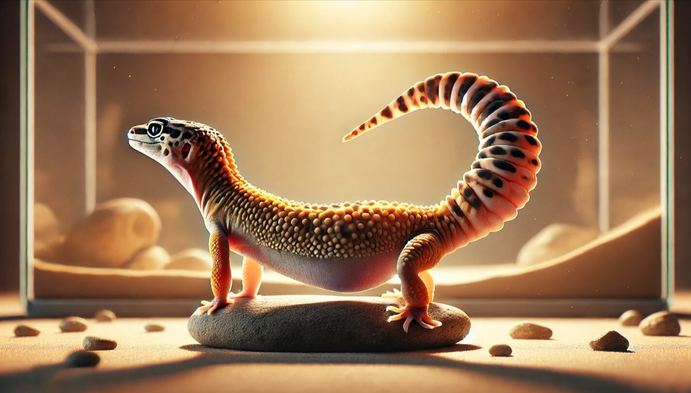 テラリウム内で岩の上に立つ健康的なレオパードゲッコー。尻尾が首の太さとほぼ同じ幅で、理想的な栄養状態を示すバランスの良い体型が分かる構図。