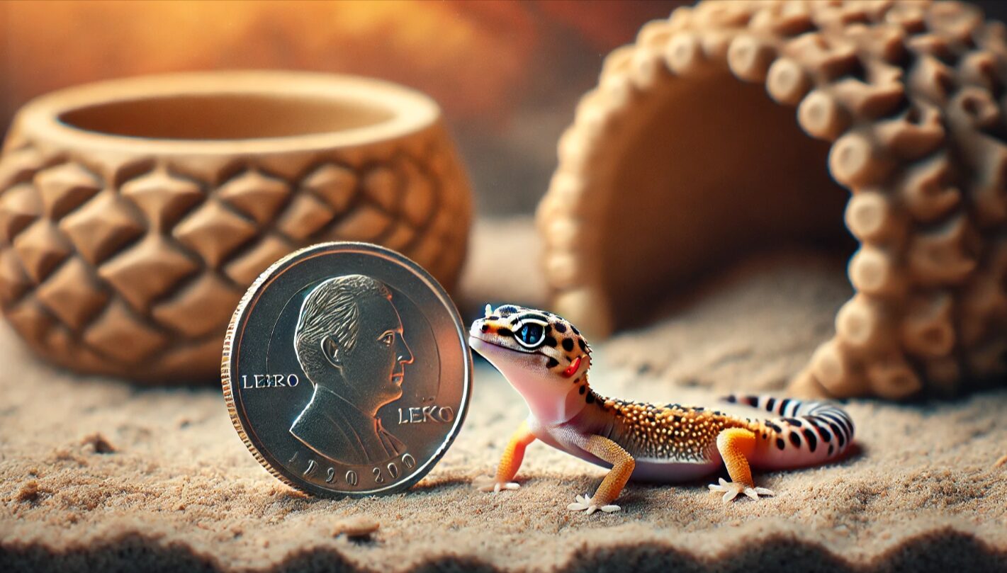 コインと並べて撮影されたベビーのレオパードゲッコー。尻尾は自然に細く、幼体特有の小さな体格と成長途中の姿が分かる。