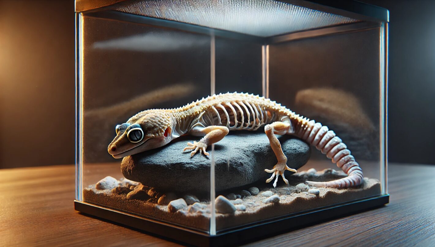 テラリウム内で痩せ細ったレオパードゲッコーが石の上に横たわっている様子。尻尾は非常に細く、体には骨の浮き出た痕跡があり、栄養失調の兆候が明確に見られる。