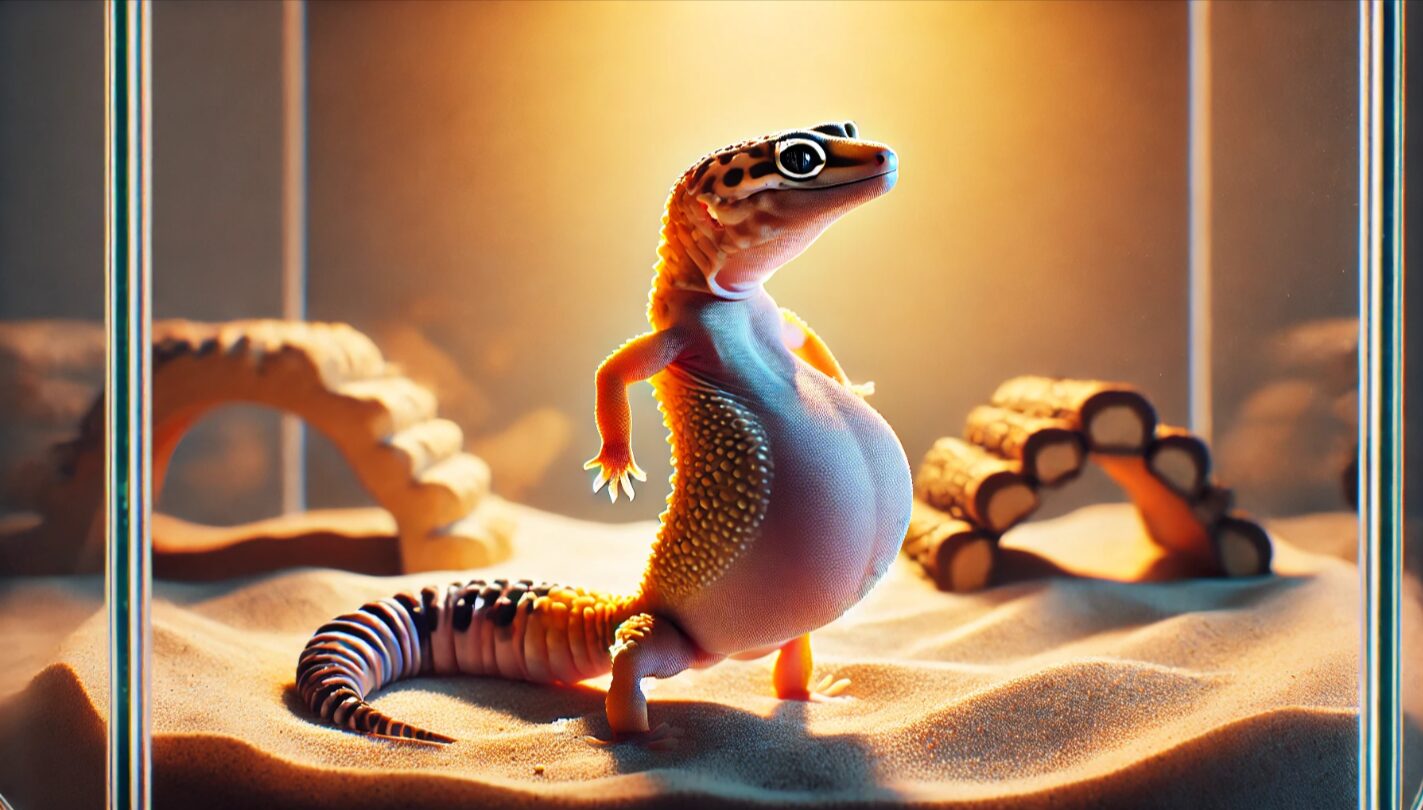 テラリウム内のレオパードゲッコーが、極端に細い尻尾と異様に膨れた腹部を持つ姿をしており、体のバランスの異常を象徴的に示した構成。