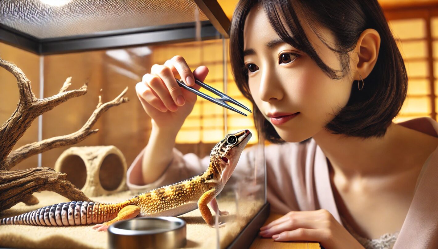 日本人女性がピンセットを使って、健康的なレオパードゲッコーに餌を与えている様子。清潔で整ったテラリウム内で、尻尾がやや太く、元気な姿が印象的な光景。