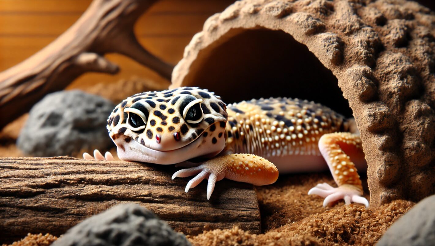 テラリウムの中でリラックスした姿勢で横たわるレオパードゲッコー。信頼関係が構築されていることを示す自然な行動サイン。