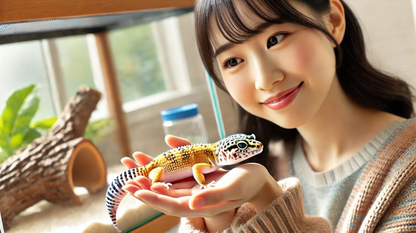 日本人女性が穏やかにレオパードゲッコーを手に乗せている様子。適切な接し方と信頼関係の構築を示す場面。
