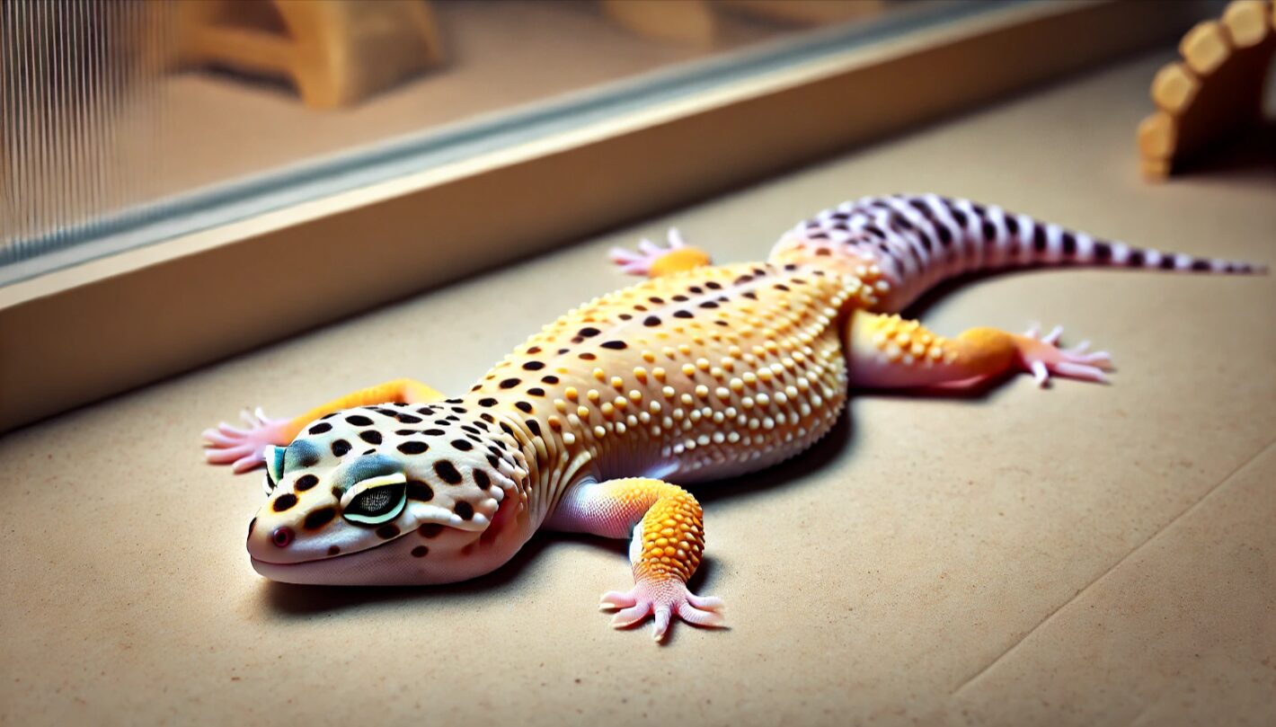 テラリウム内でお腹を床につけて手足を伸ばしているレオパードゲッコー。最もリラックスした姿勢の一つ「行き倒れポーズ」。