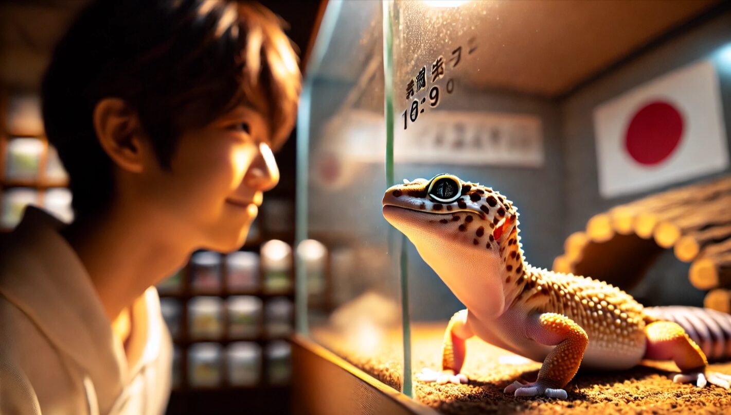 飼い主を見つめるレオパードゲッコーがケージ前面に近寄っている様子。空腹や信頼を示す可能性のある視線行動。