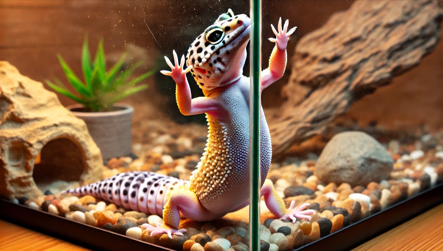 テラリウムのガラス面によじ登るレオパードゲッコーの姿。「出せ出せダンス」とも呼ばれる行動の一例で、ストレスや好奇心の可能性がある。