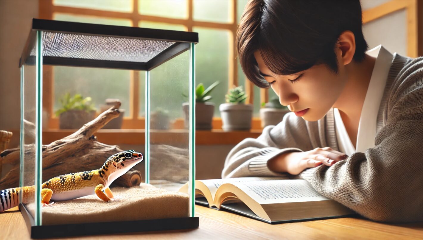 レオパードゲッコーの近くで静かに過ごす日本人。慣れるまでの時間を尊重し、距離を取った穏やかな接し方を示している。