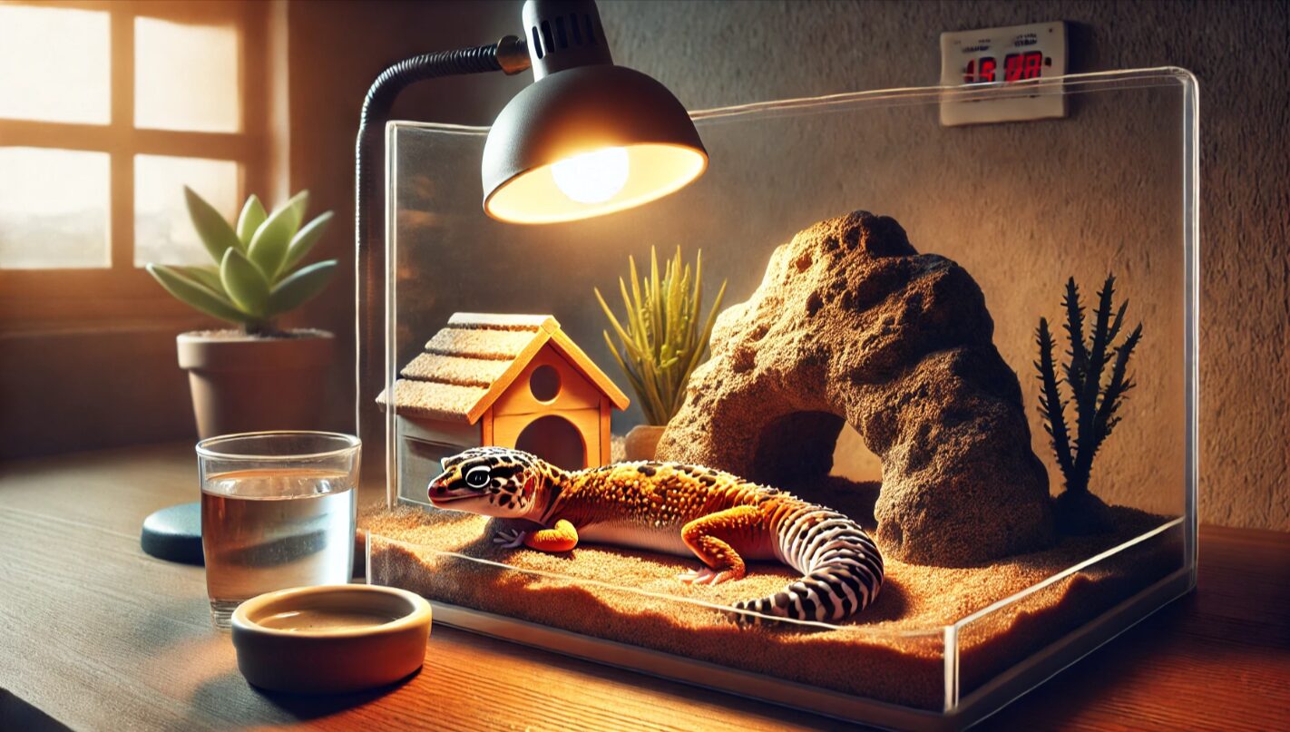 ヒートランプの下で温まるレオパードゲッコーと整った飼育環境。適切な温度管理と清潔な環境がレオパの快適さを支える。