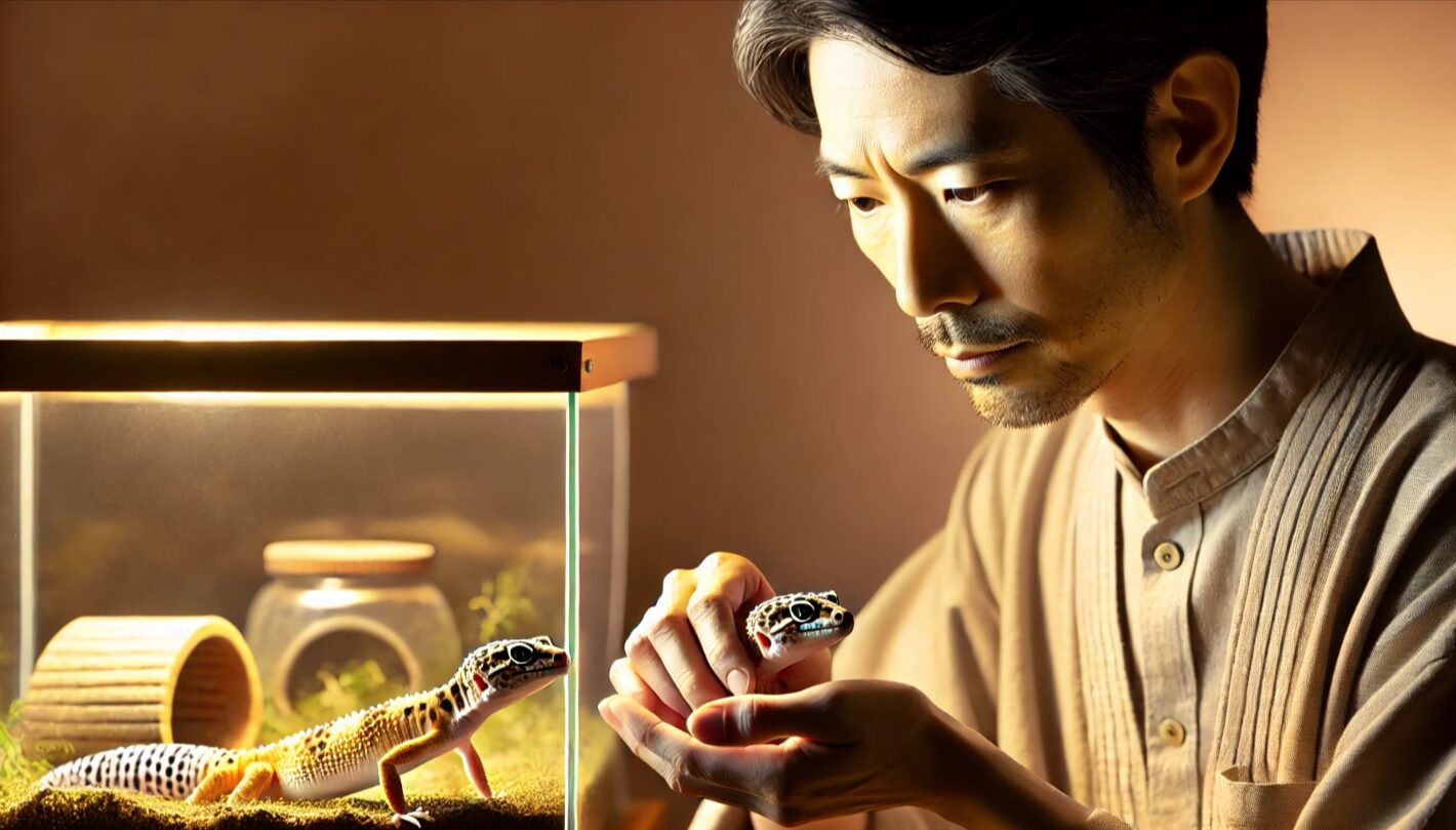- 驚いた様子のレオパードゲッコーを、落ち着いた態度でそっとテラリウムに戻す日本人。恐怖心を和らげる正しい対応の一場面。