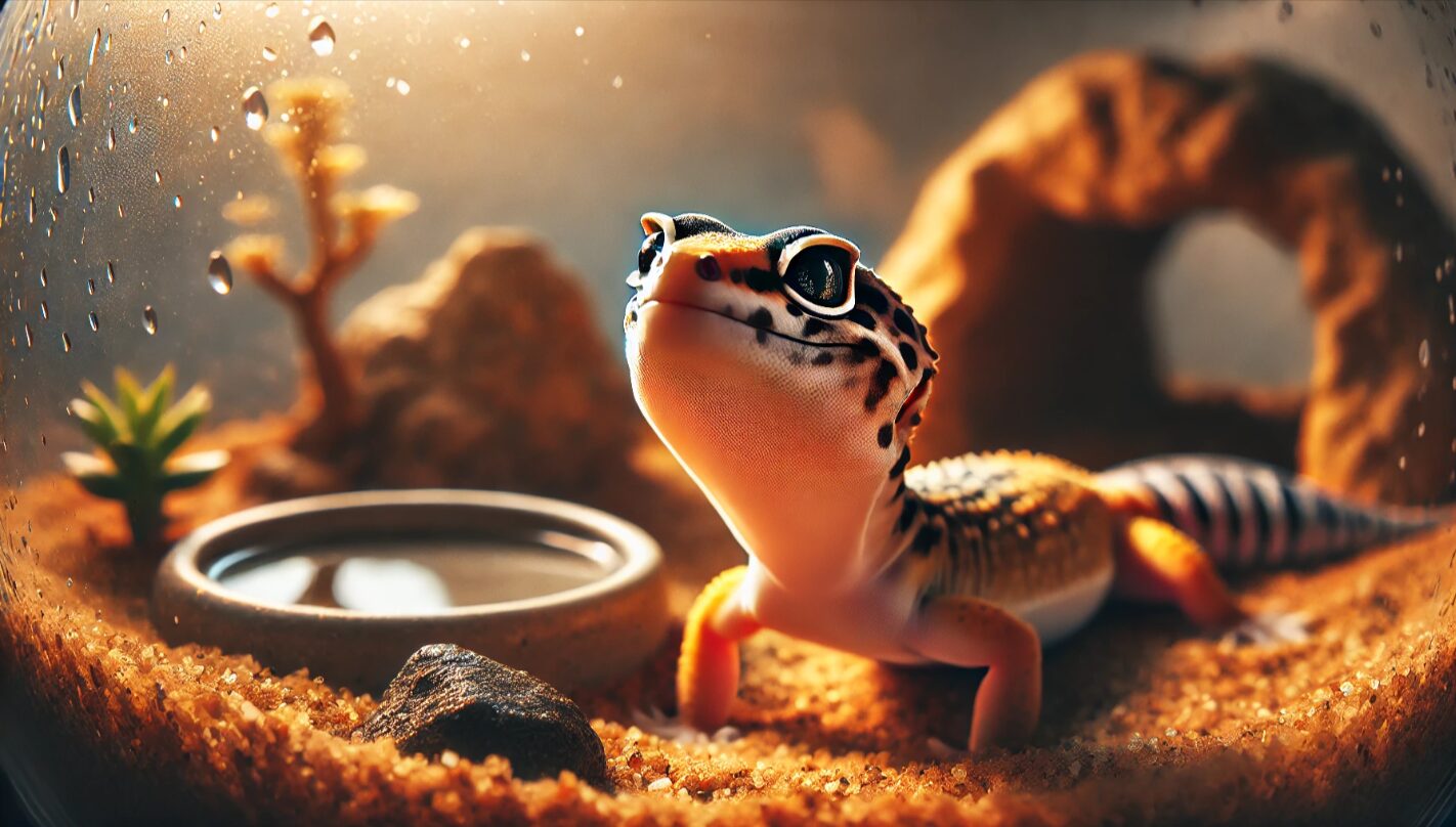 餌を期待してガラス越しに見上げるレオパ（ヒョウモントカゲモドキ）のクローズアップ。温かみのある自然なレイアウトのテラリウム内で、レオパが飼い主にアピールしている様子。