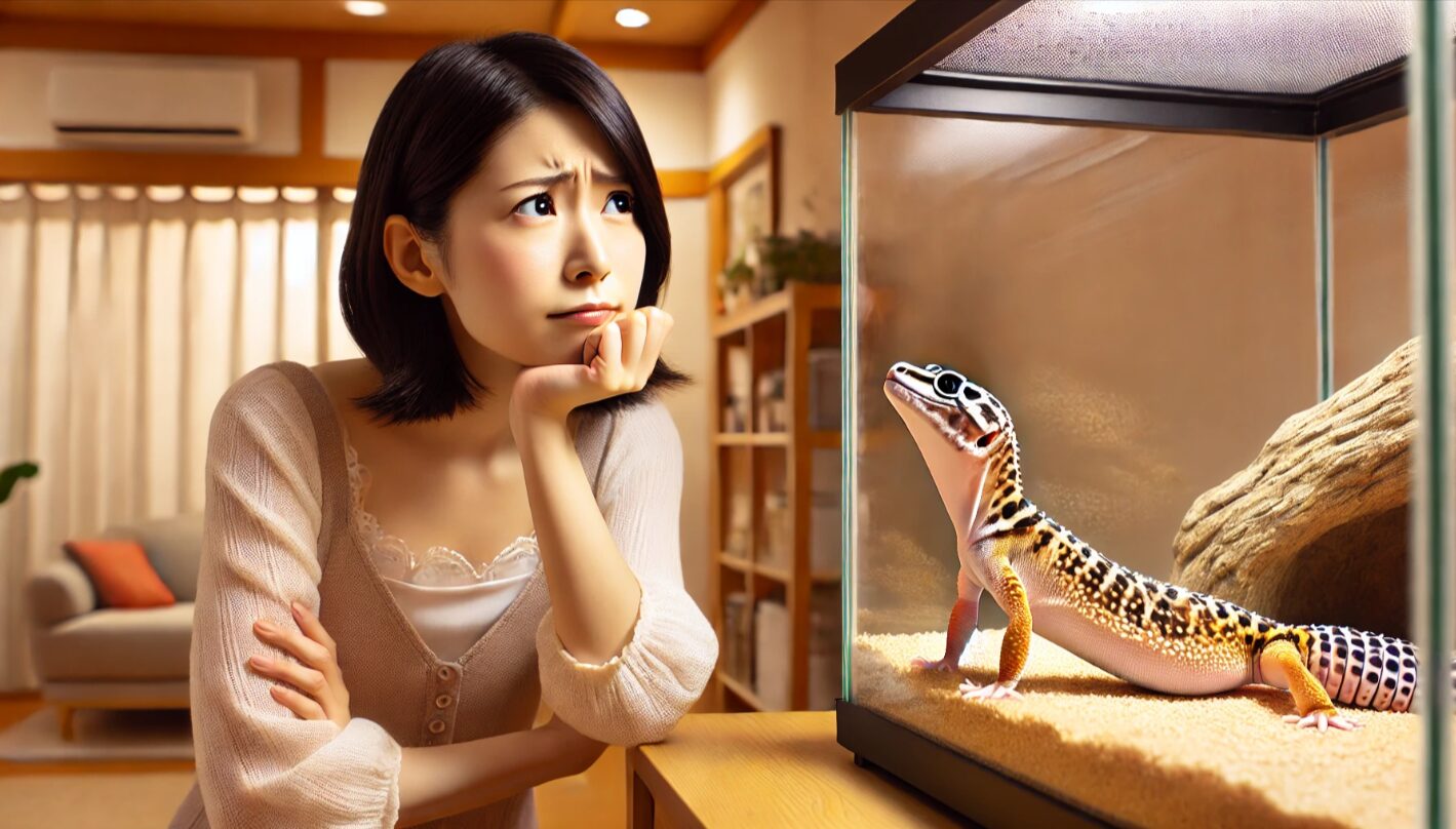 レオパのテラリウムを前に、餌を欲しがる行動の意味を考える日本人女性。レオパはガラスの前でじっと見つめ、女性は困惑した表情で観察している。家庭的な室内環境。