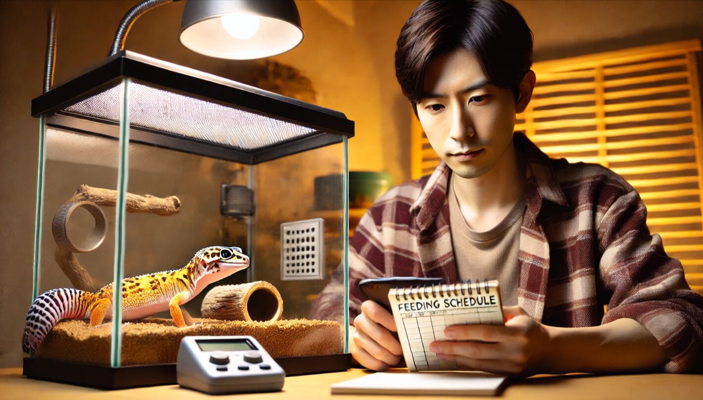 レオパの給餌間隔をスマートフォンで管理する日本人男性。テラリウムにはレオパが静かに休んでおり、落ち着いた環境で適切な飼育管理を実施している様子。