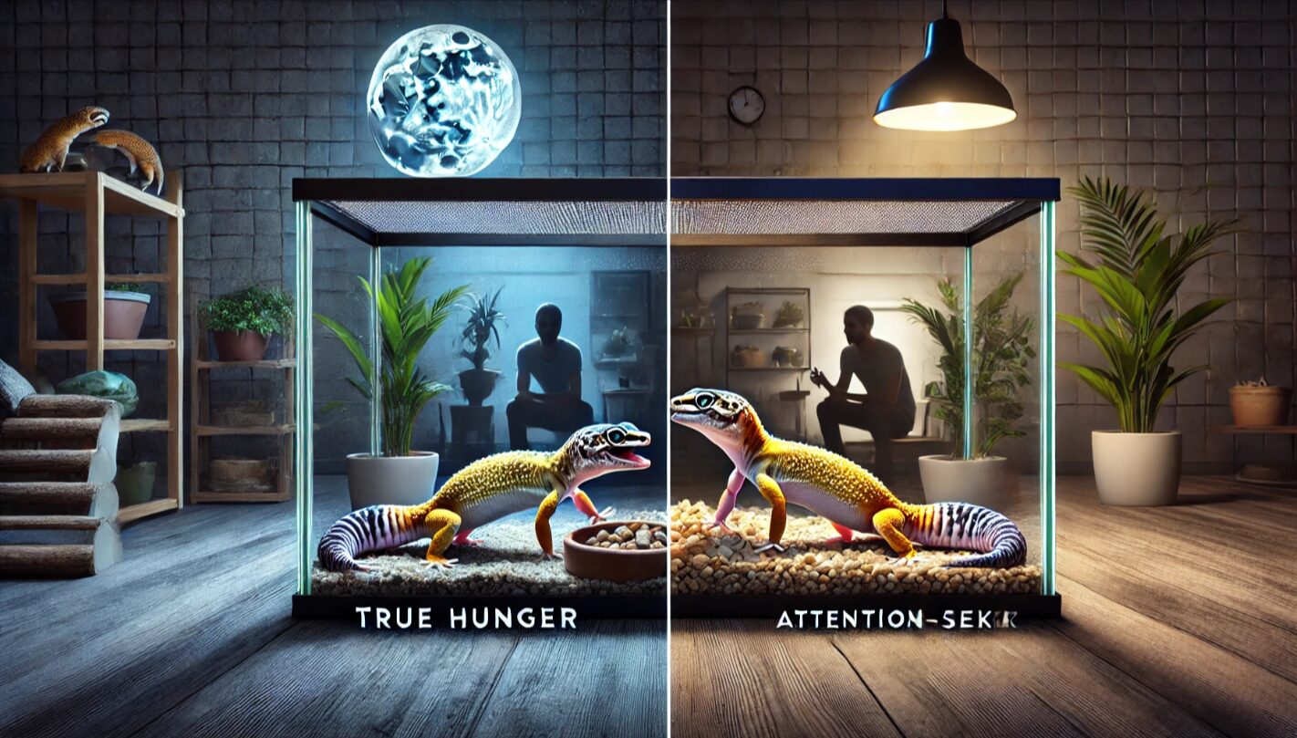 レオパが夜に活発に動き回る様子と、日中に飼い主の前でじっと見つめる様子を対比させた画像。空腹時とアピール行動の違いを視覚的に表現。