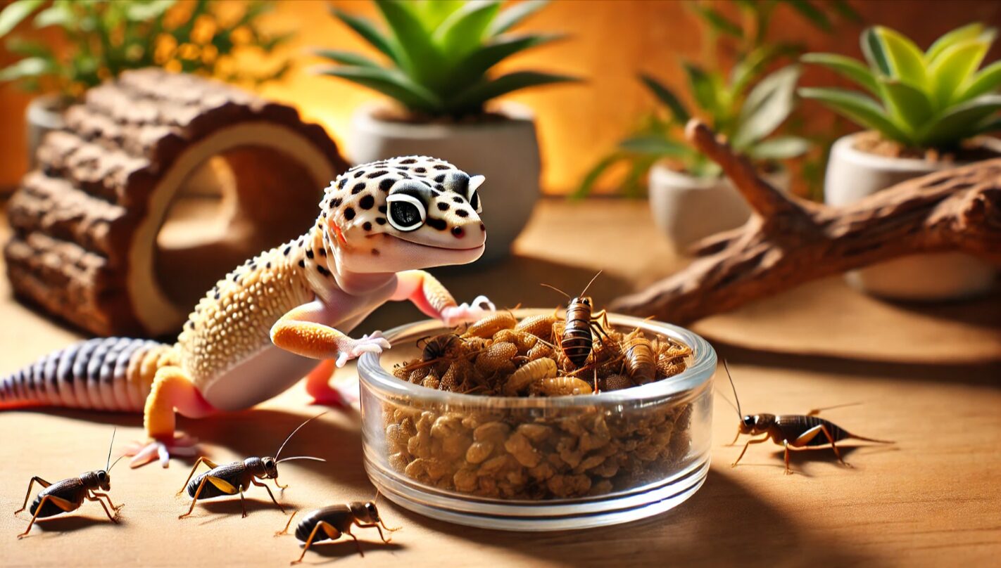 小さくて細身のヤング期レオパが、餌の入った皿に向かって勢いよく近づく様子。成長期特有の旺盛な食欲を示すシーン。