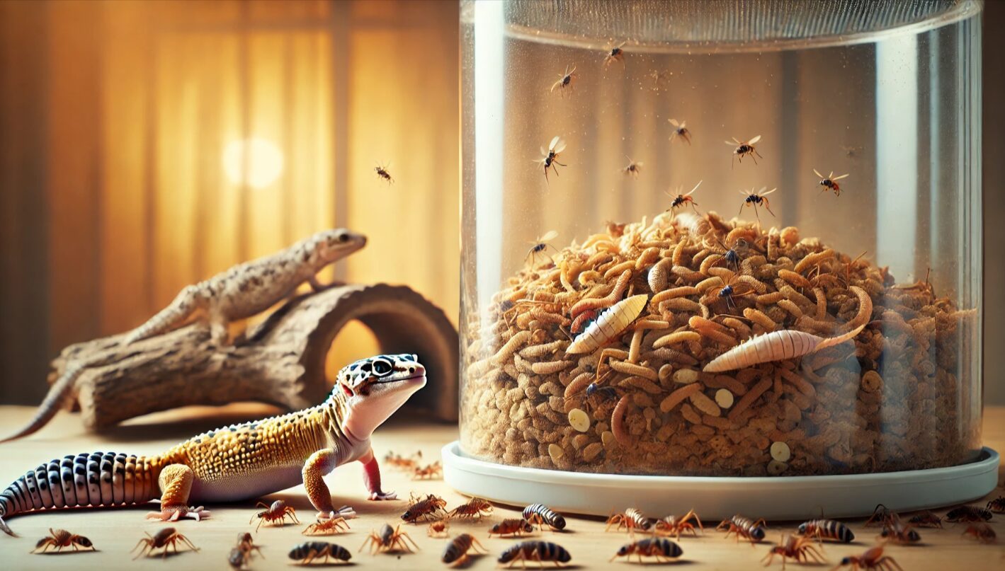 肥満傾向のあるレオパが、餌皿からあふれるほどの餌と共にテラリウム内にいる様子。太い尻尾や脚の付け根の脂肪が確認でき、餌のあげすぎのリスクを表している。