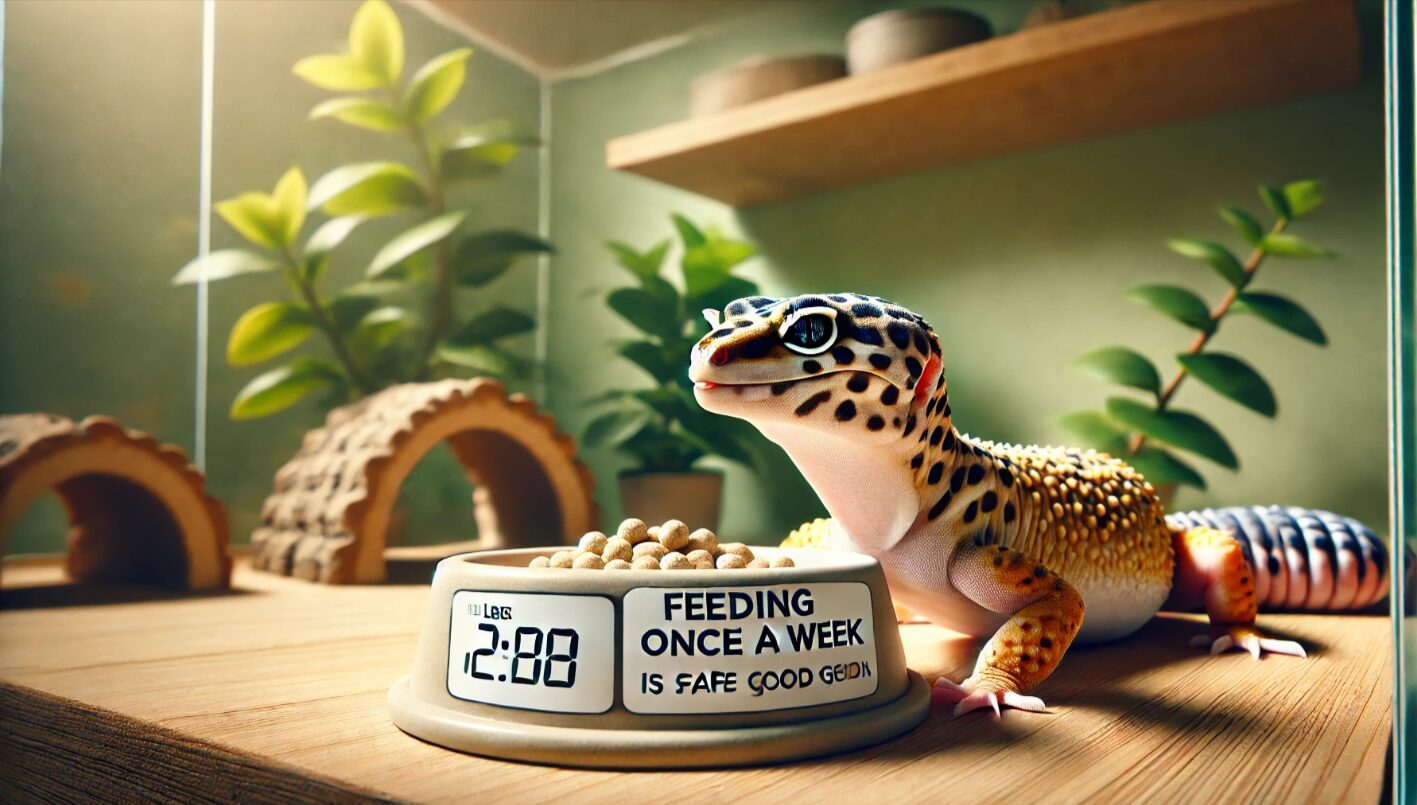 十分に栄養が蓄えられた太い尻尾を持つアダルトのレオパが、落ち着いて休んでいるテラリウムの様子。空の餌皿があり、週一の給餌が問題ないことを示している。