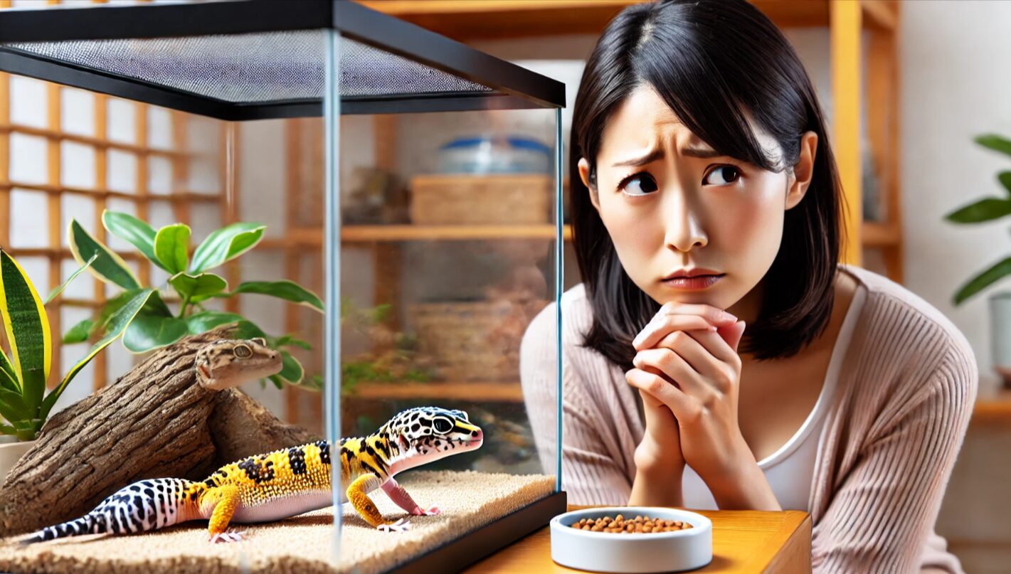 餌の近くにいても食べようとしないレオパを心配そうに観察する日本人女性。テラリウム内には餌が残され、レオパは元気がない様子。拒食の兆候を示すシーン。