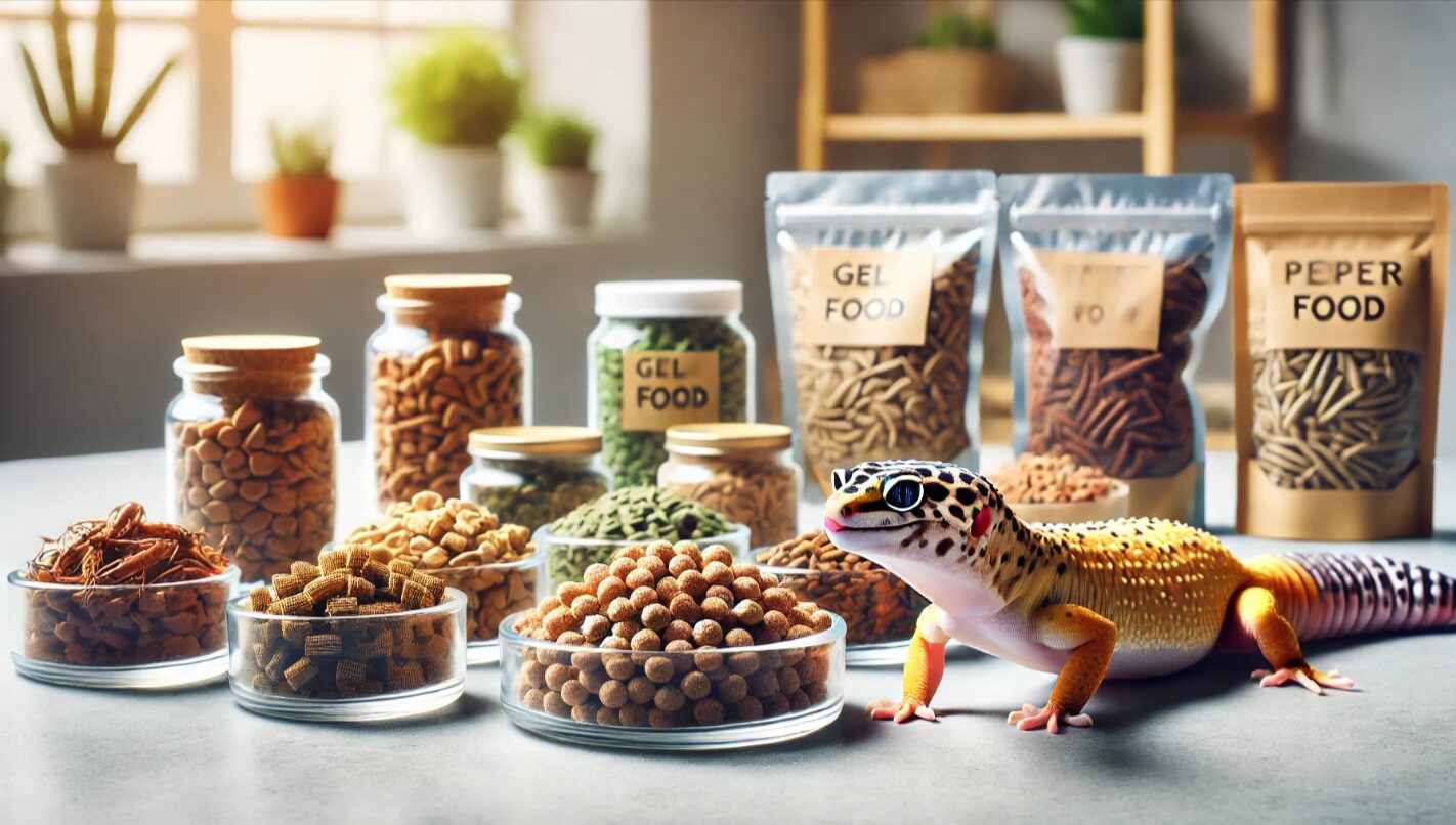 テーブルの上に整然と並べられた複数のレオパ用人工フード(ゲルタイプ、ペレット、乾燥昆虫)に、健康なレオパが興味を示して近づいている様子。餌の比較や切り替えに役立つ構図。