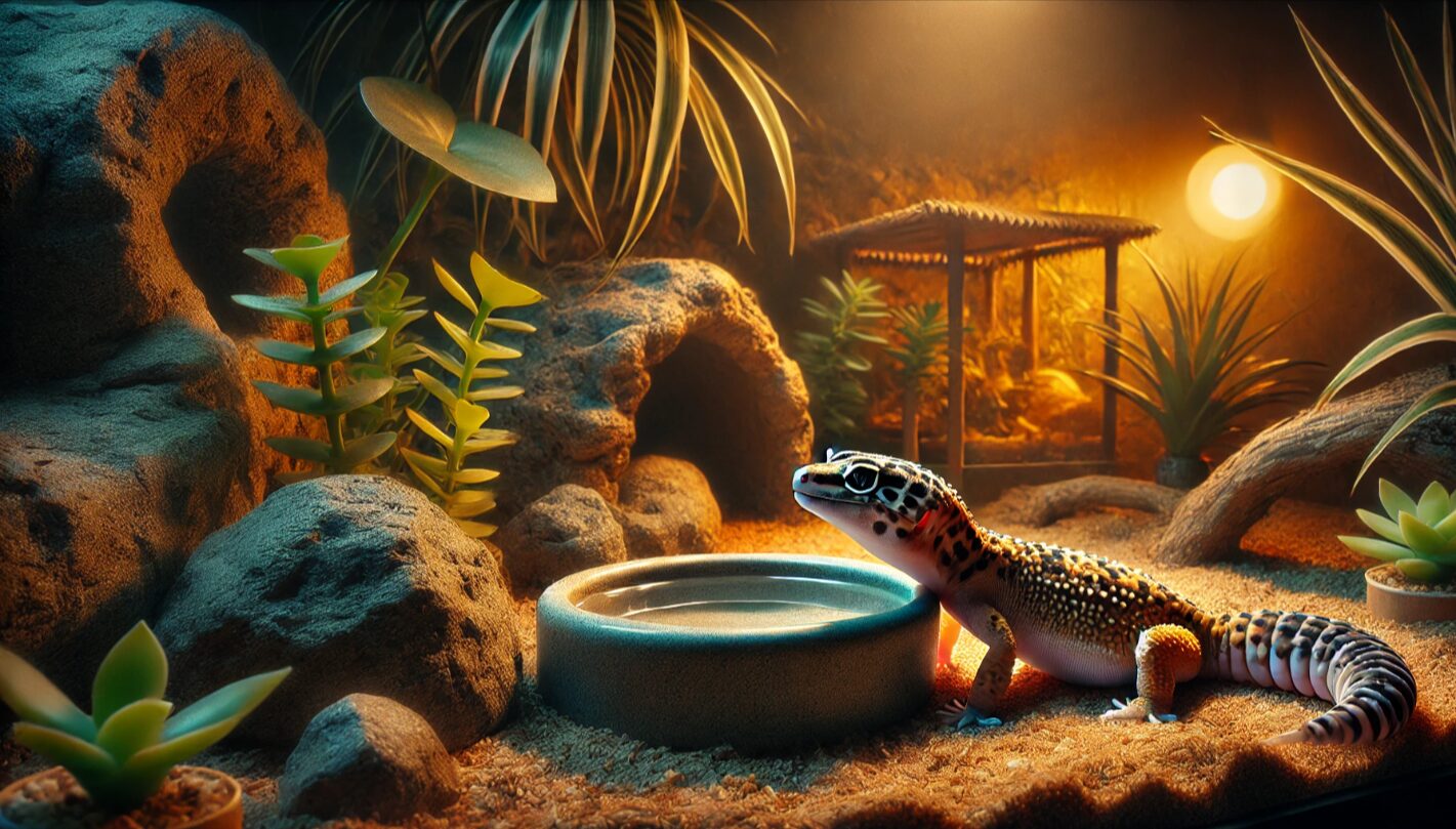 レオパードゲッコーがテラリウム内の水入れの近くに座っているが、水を飲んでいない様子。自然風の飼育環境で、温かみのある照明とシェルター、岩、植物が配置されている。
