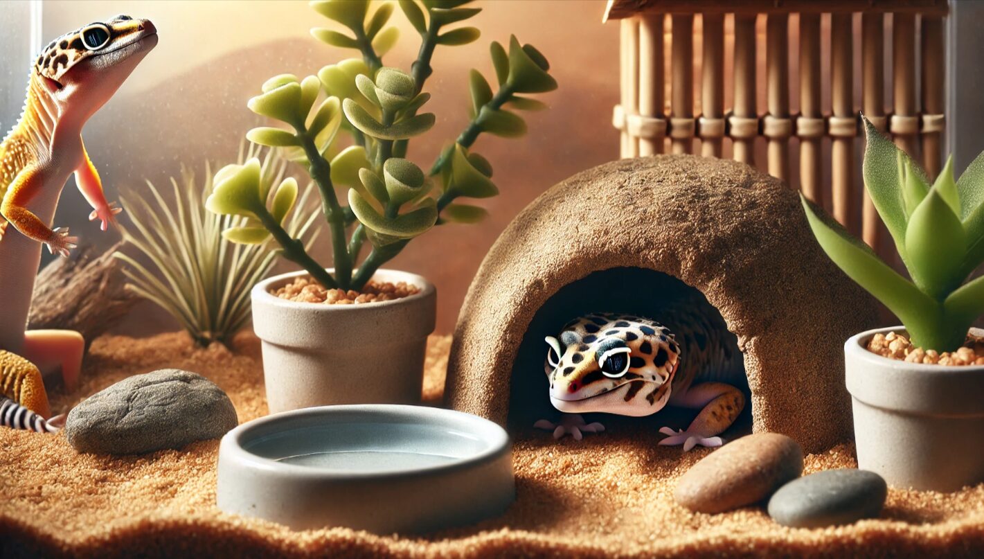 昼間のテラリウム内でシェルターに隠れているレオパードゲッコーと、近くに置かれた水入れ。レオパの夜行性の習性と、水を飲まない原因の一つを示しているシーン。