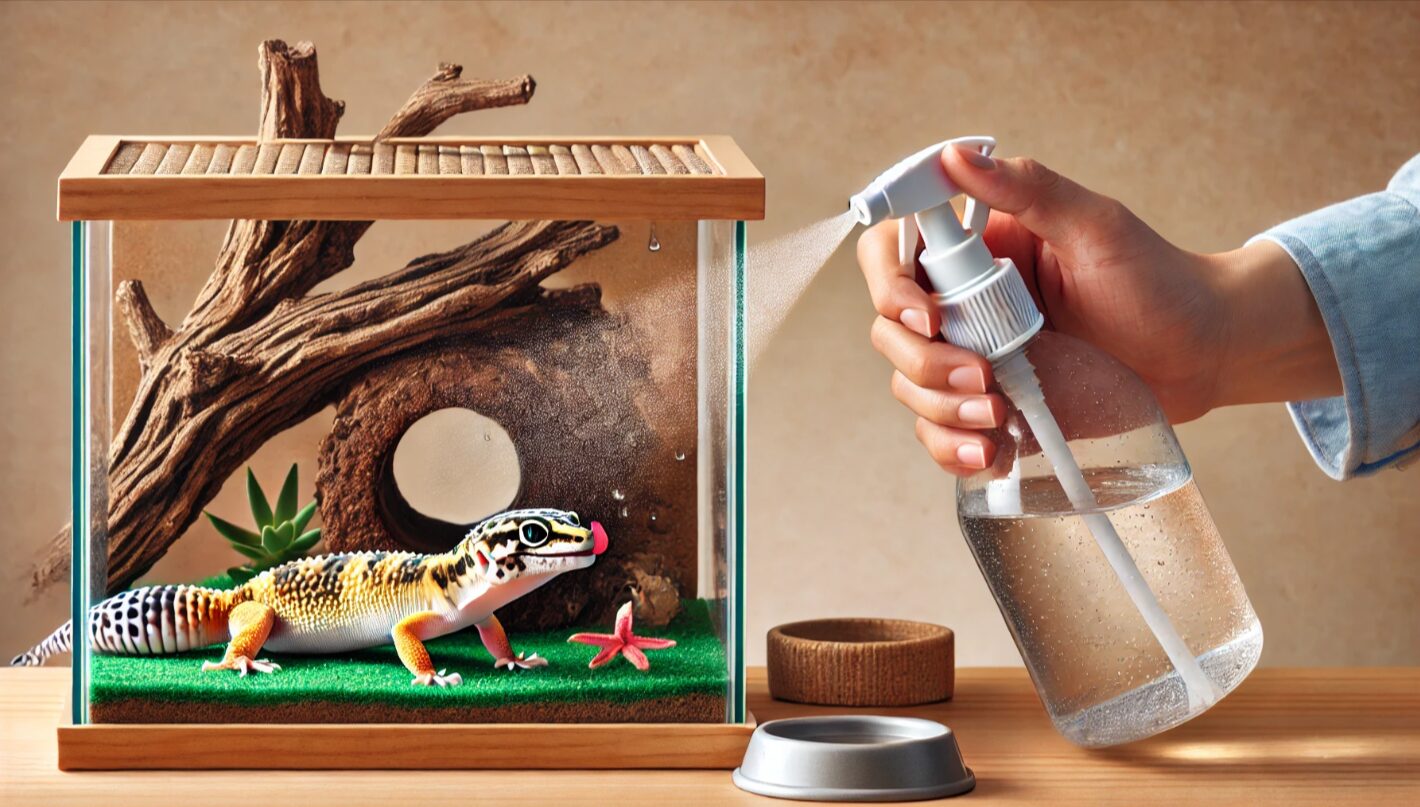 日本人の飼育者がレオパのテラリウム内に霧吹きで水を吹きかけ、レオパが壁の水滴を舐めて水分補給をしている様子。正しい水分補給法を示すシーン。