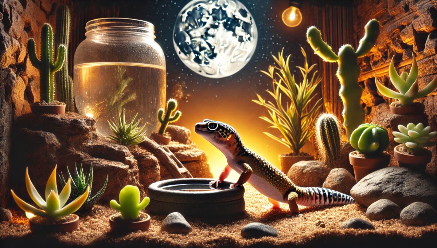 夜間のテラリウム内を歩くレオパードゲッコーが、水入れの近くにいても水を飲まない様子。夜行性と生態に基づく行動を示すシーン。