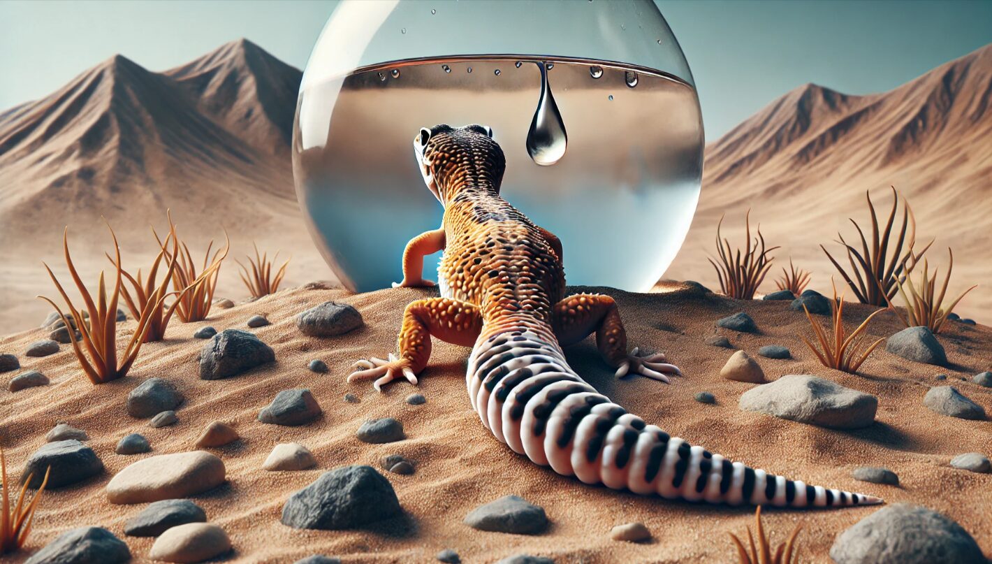 乾燥したテラリウム内で休む健康な成体レオパードゲッコー。太くしっかりした尾が水分と栄養の貯蔵を示している様子。