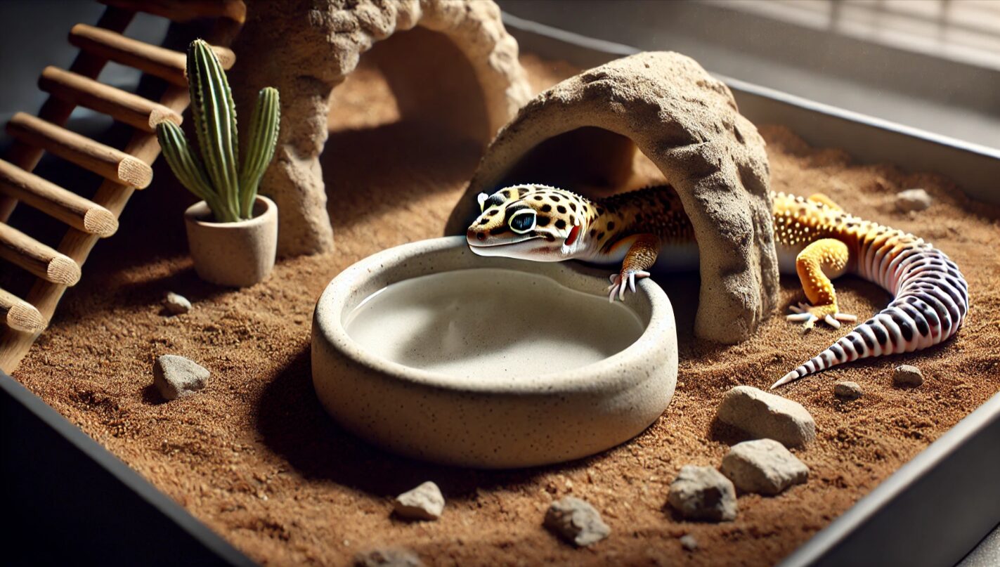 シェルターの近くの静かな隅に浅くて安定感のある陶器製の水入れが置かれたレオパのテラリウム。水を飲みやすくするための配置工夫を示した構図。