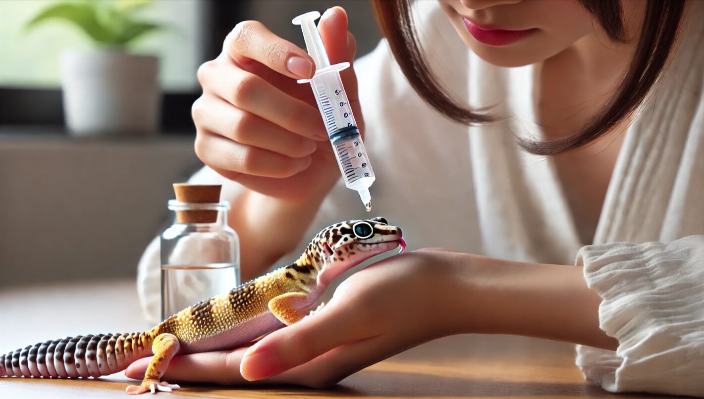 日本人の飼育者がレオパードゲッコーを優しく保定し、スポイトで口元に水滴を差し出し、レオパがそれを舐めて水分補給している様子。緊急時の水分補給法を示すシーン。