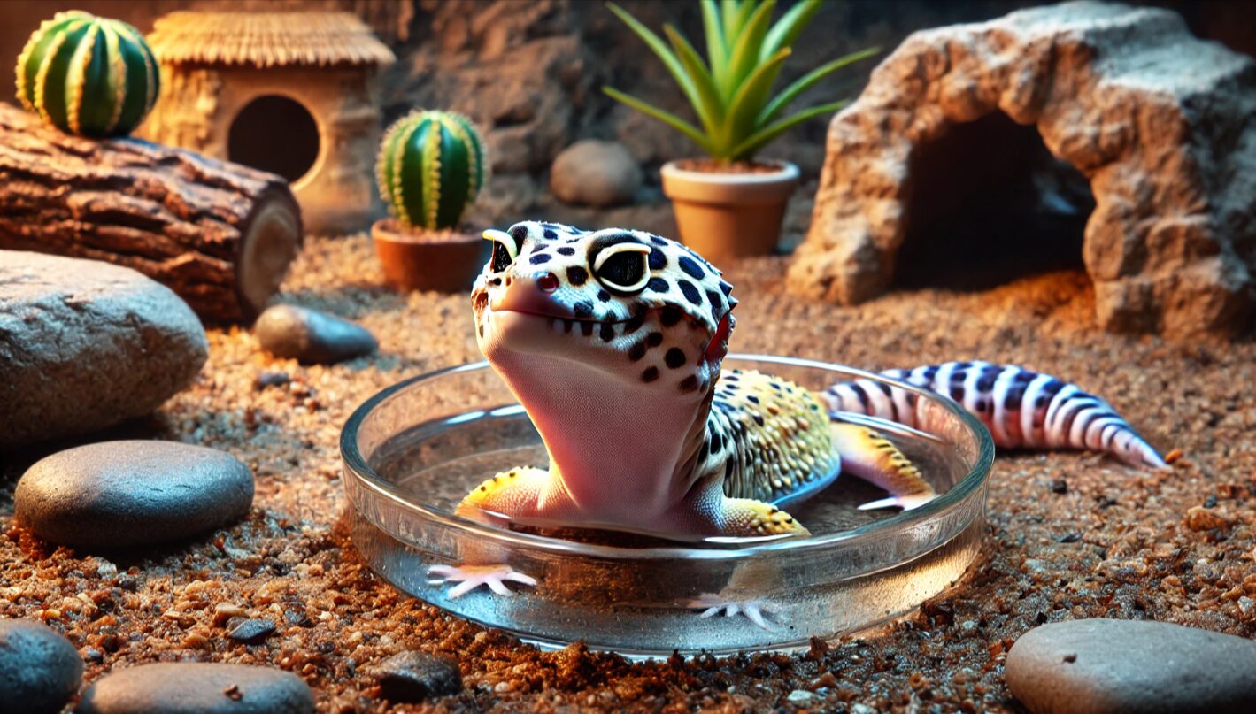 浅い水入れの中に部分的に体を浸したレオパードゲッコーがリラックスしている様子。脱皮準備や体温調節など、水に入る行動の理由を示すシーン。