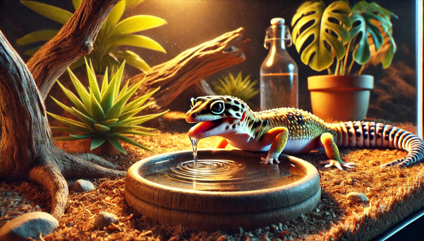レオパードゲッコーが浅い水入れから積極的に水を飲んでいる様子。飼育環境の乾燥や脱皮前などによる多飲傾向を表すシーン。
