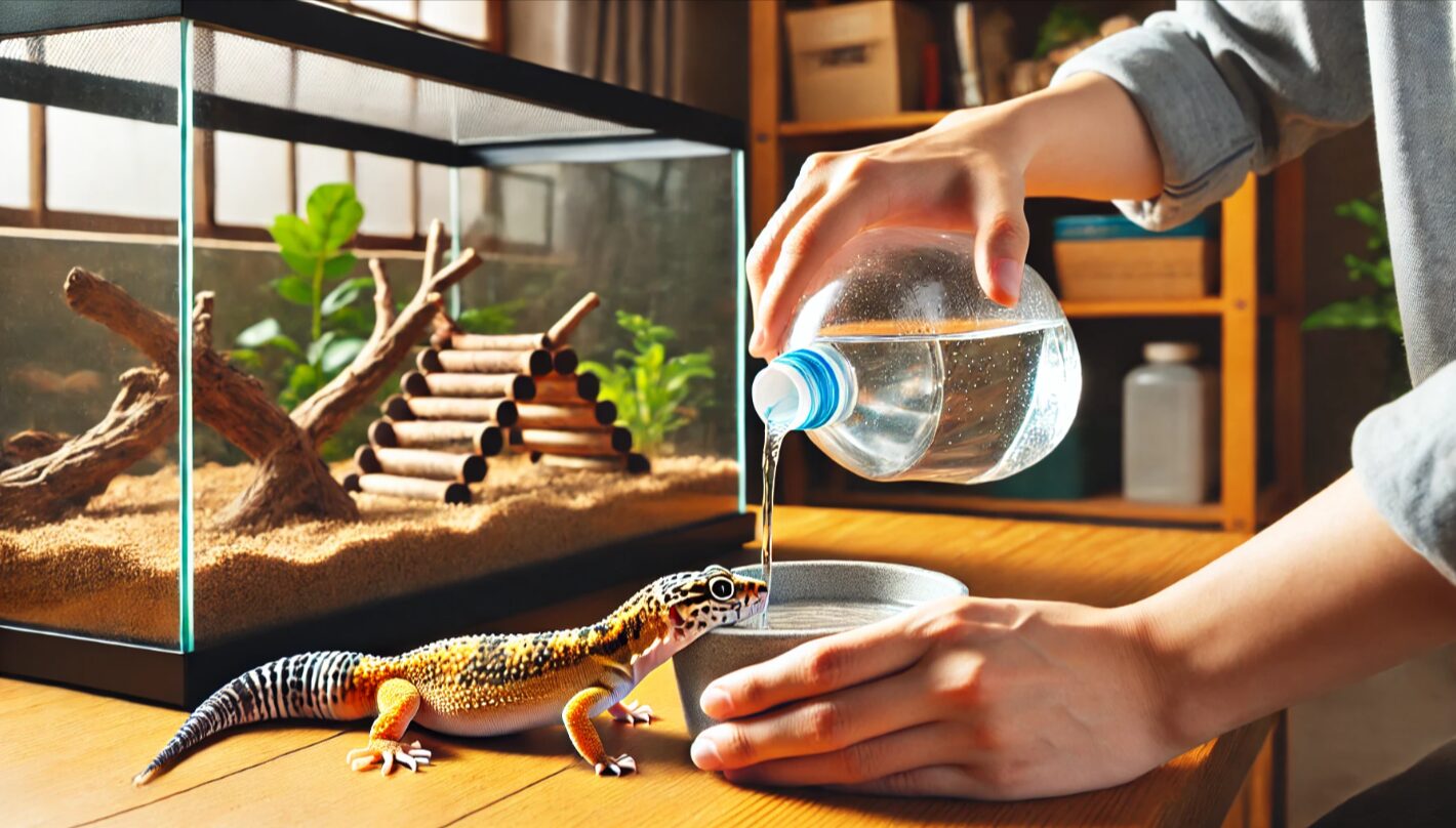 日本人の飼育者がレオパードゲッコー用の浅い水入れに水道水を注いでいる様子。清潔なテラリウムが背景にあり、日々の水交換による衛生管理の重要性が表現されている。